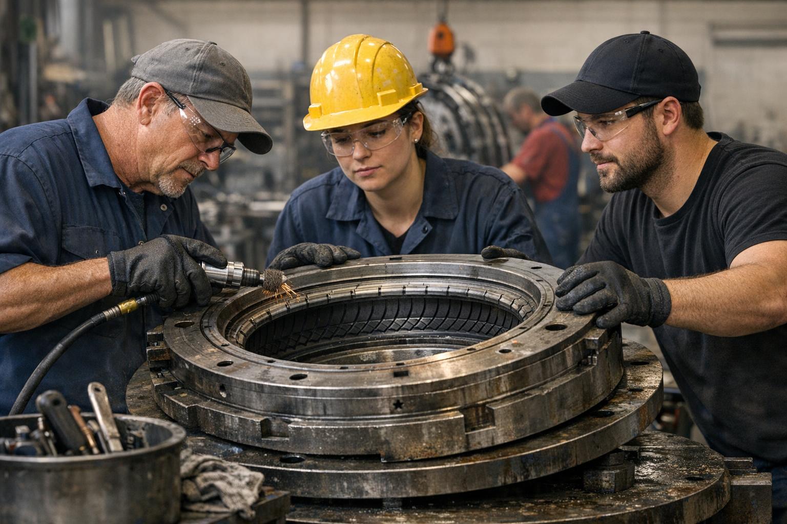 Engineers working on tire mold ring