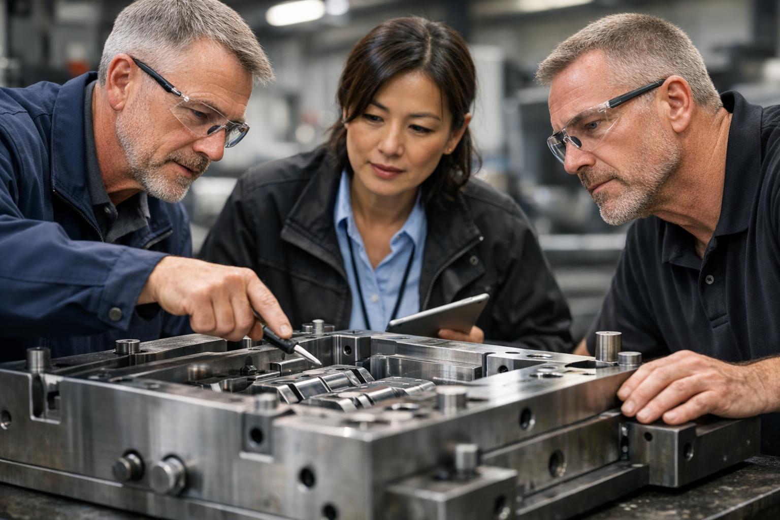 Team inspecting precision mold components
