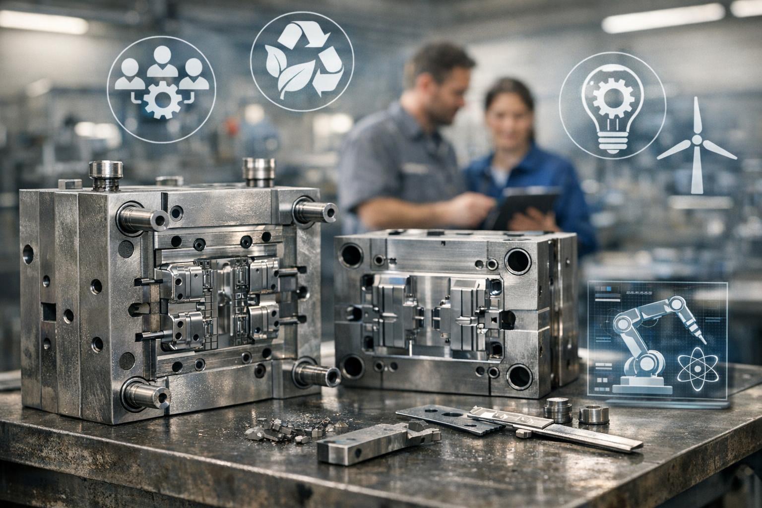 Precision molds on workbench — CNC components